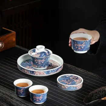Blue Red Chinese Dragon Porcelain Gaiwan Tea Set Main 2