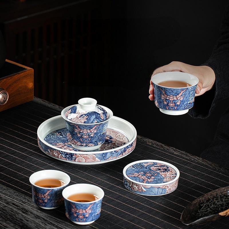 Blue Red Chinese Dragon Porcelain Gaiwan Tea Set