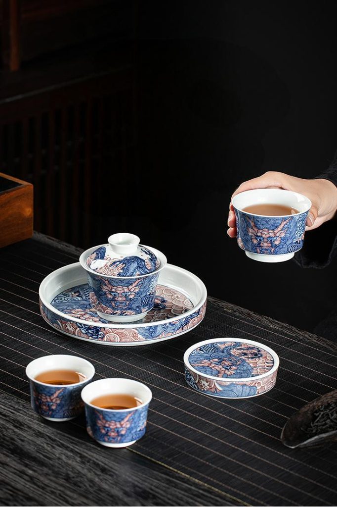 Blue Red Chinese Dragon Porcelain Gaiwan Tea Set
