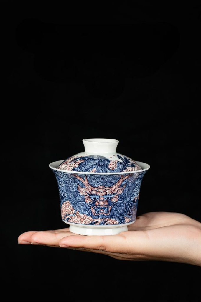 Blue Red Chinese Dragon Porcelain Gaiwan Tea Set
