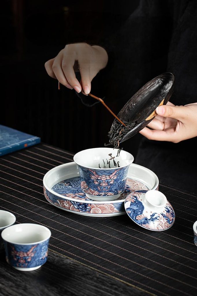 Blue Red Chinese Dragon Porcelain Gaiwan Tea Set