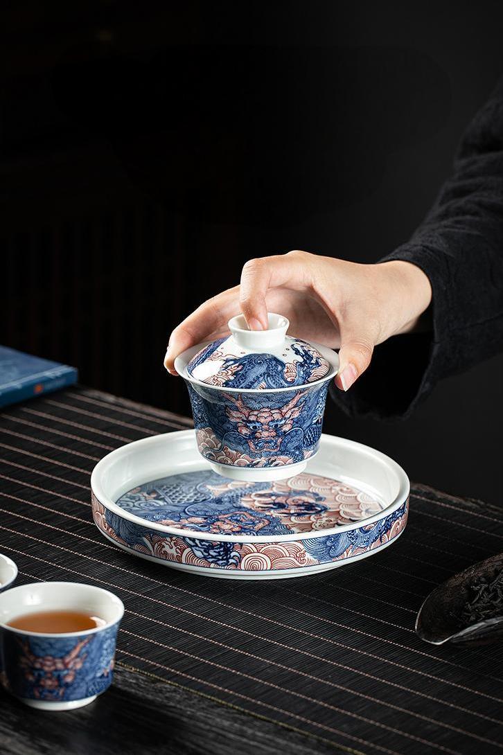 Blue Red Chinese Dragon Porcelain Gaiwan Tea Set