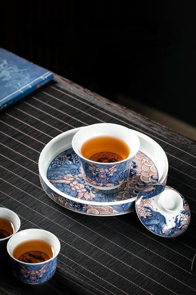Blue Red Chinese Dragon Porcelain Gaiwan Tea Set