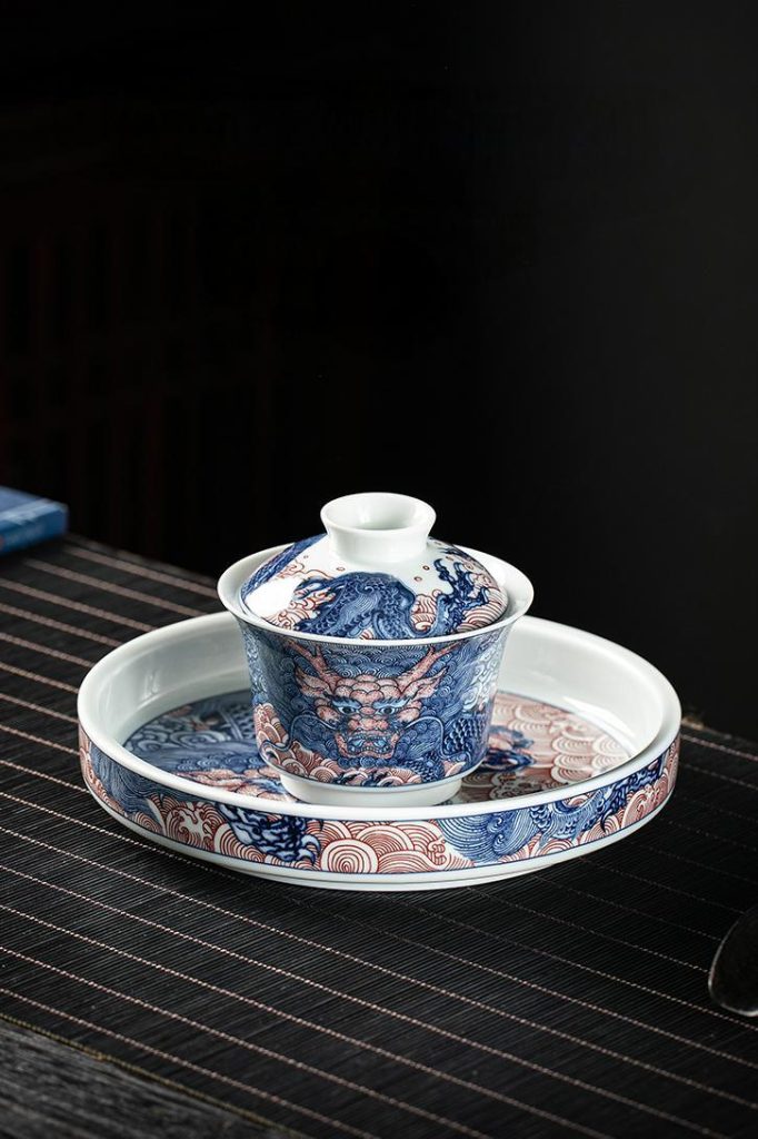 Blue Red Chinese Dragon Porcelain Gaiwan Tea Set