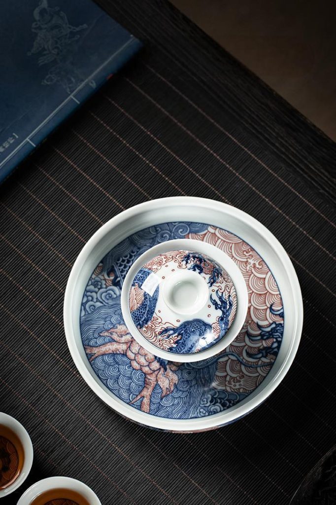 Blue Red Chinese Dragon Porcelain Gaiwan Tea Set