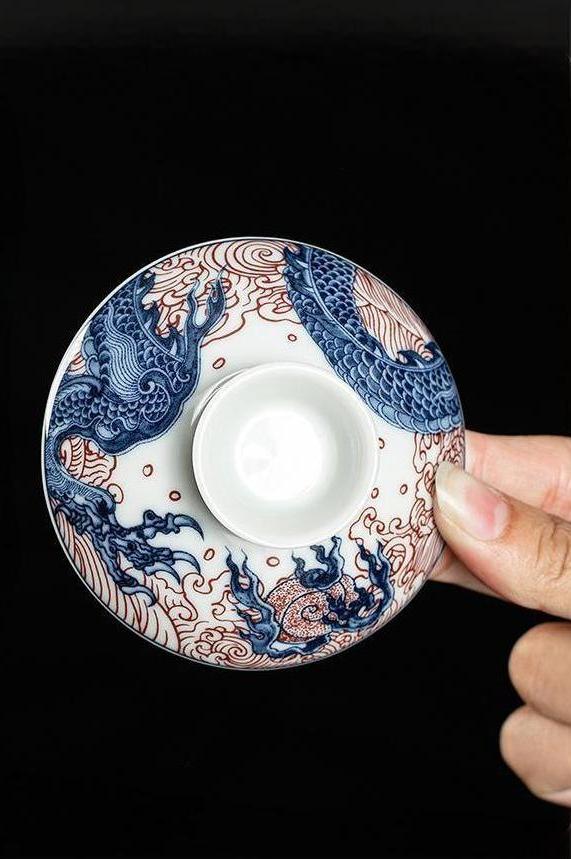 Blue Red Chinese Dragon Porcelain Gaiwan Tea Set