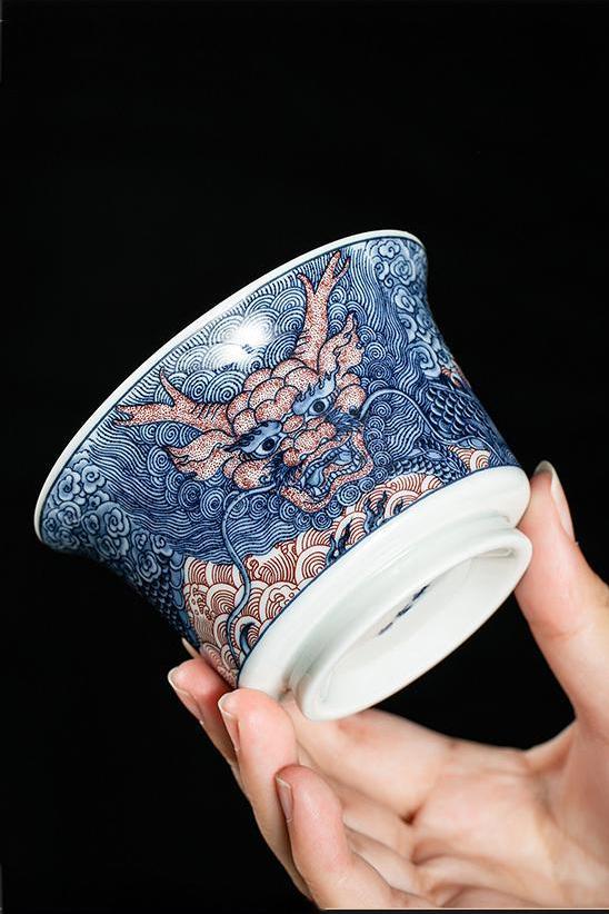 Blue Red Chinese Dragon Porcelain Gaiwan Tea Set