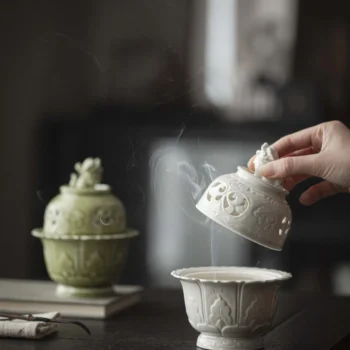 White Porcelain Incense Burner with Foo Dog Lid