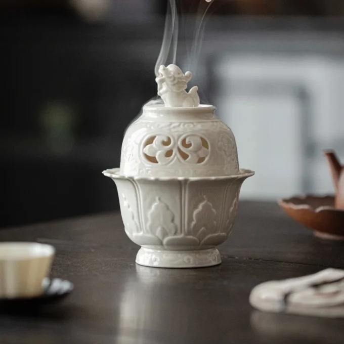 White Porcelain Incense Burner with Foo Dog Lid