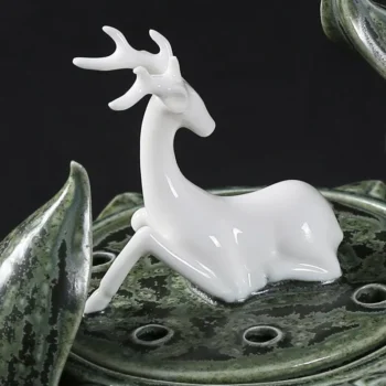 Handcrafted Ceramic Lotus Incense Burner with Deer Figurine
