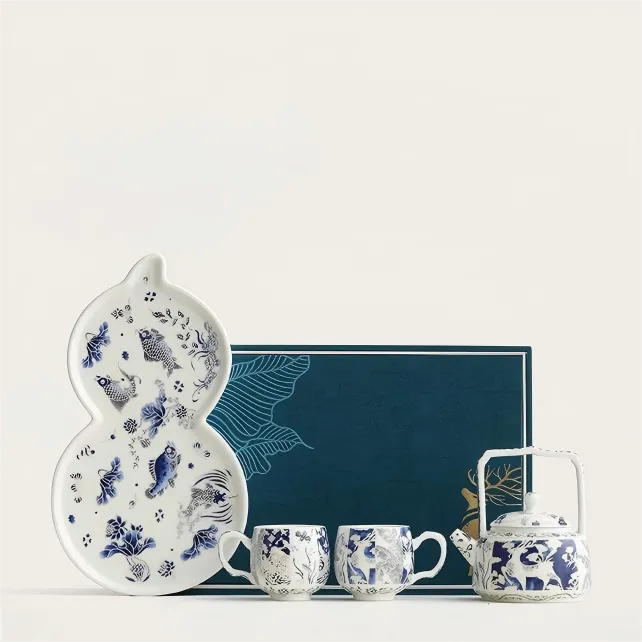 Deer-Patterned Blue & White Porcelain Tea Set with Gift Box