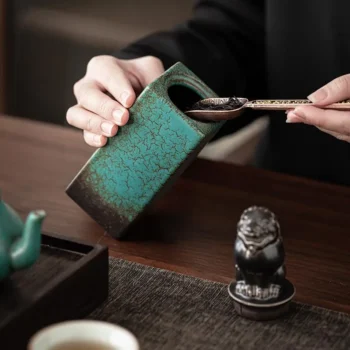 Green Ceramic Tea Caddy Jar with Guardian Lion Lid