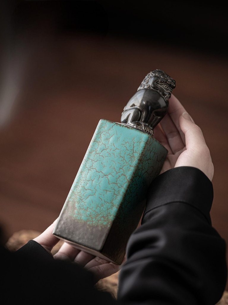 Green Ceramic Tea Caddy Jar with Guardian Lion Lid