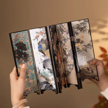 Decorative Chinese-Mini Folding Screen Silk Brocade Art