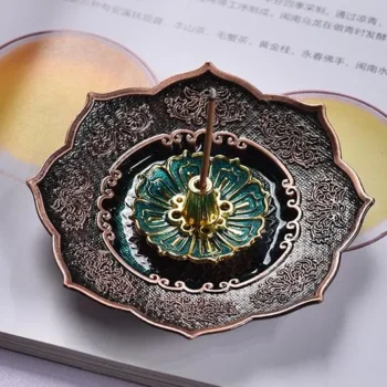 Lotus-Themed Incense Burner Plate in Antique Finish