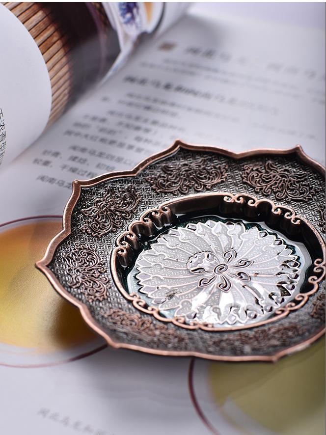Lotus-Themed Incense Burner Plate in Antique Finish