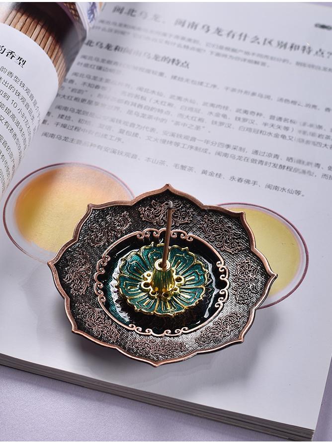 Lotus-Themed Incense Burner Plate in Antique Finish