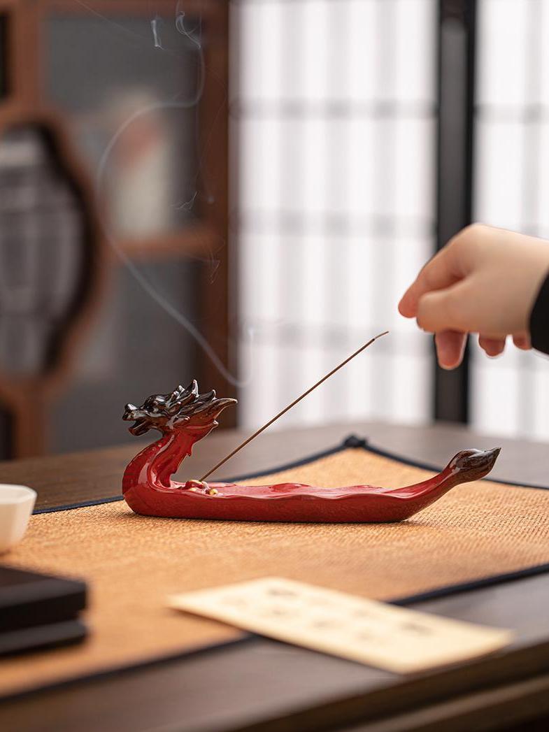 Handcrafted Dragon Boat Incense Holder - Red Variant Detail