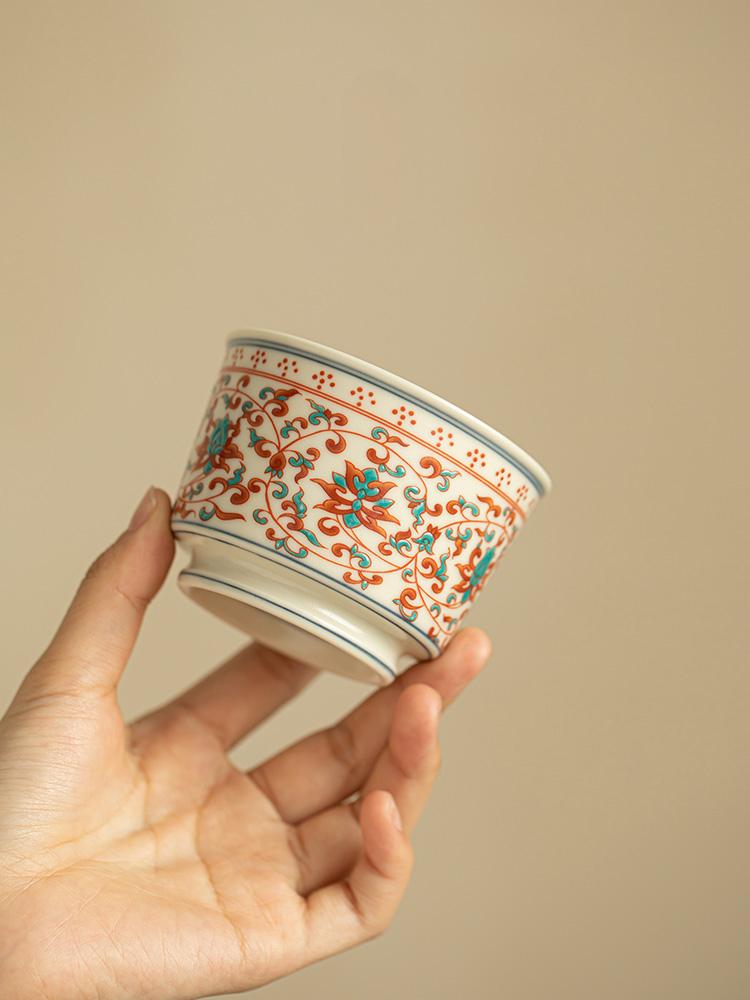 Red-Green Lotus Branch Ceramic Tea Cup