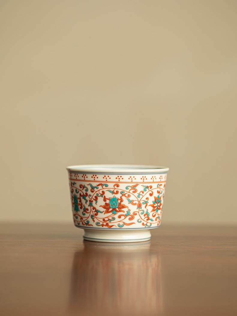 Red-Green Lotus Branch Ceramic Tea Cup