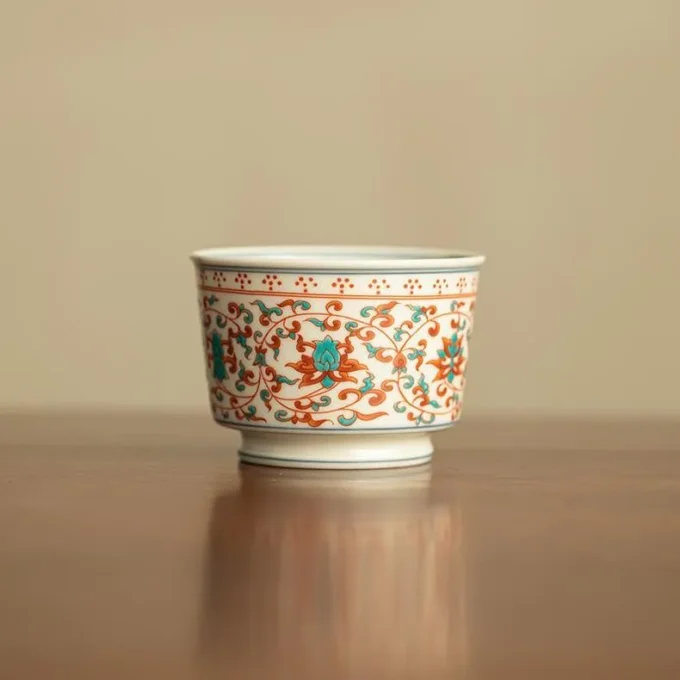 Red-Green Lotus Branch Ceramic Tea Cup