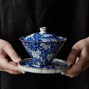 Blue White Porcelain Gaiwan with Chinese Plum Blossom Motifs Main