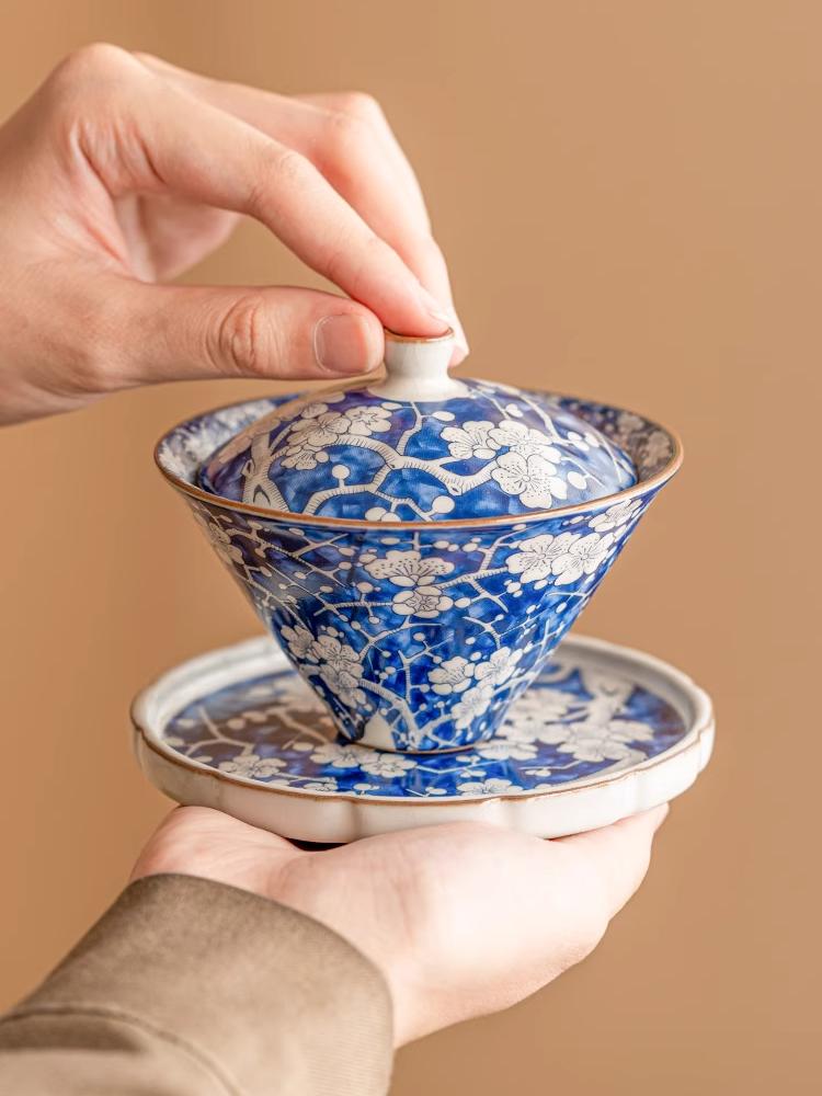 Blue White Porcelain Gaiwan with Chinese Plum Blossom Motifs