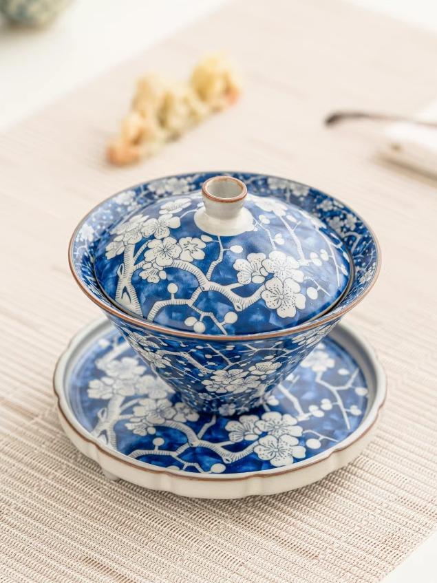 Blue White Porcelain Gaiwan with Chinese Plum Blossom Motifs