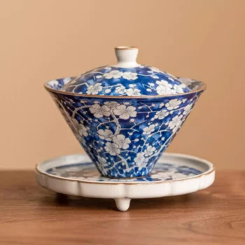 Blue White Porcelain Gaiwan with Chinese Plum Blossom Motifs