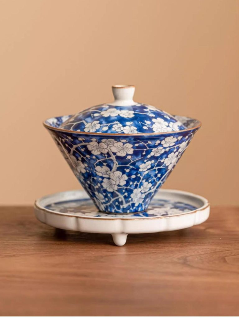 Blue White Porcelain Gaiwan with Chinese Plum Blossom Motifs
