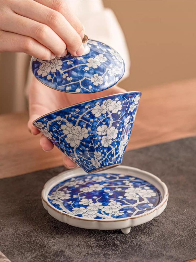 Blue White Porcelain Gaiwan with Chinese Plum Blossom Motifs