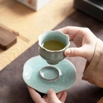 Flower-Rim Ceramic Teacup & Saucer Set