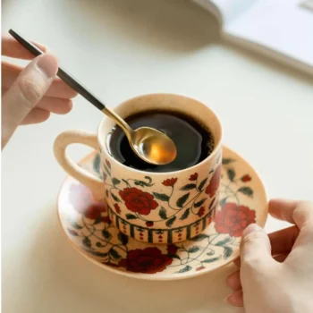 Red Lotus Ceramic Coffee Cup with Saucer – Oriental Artistry for Modern Living
