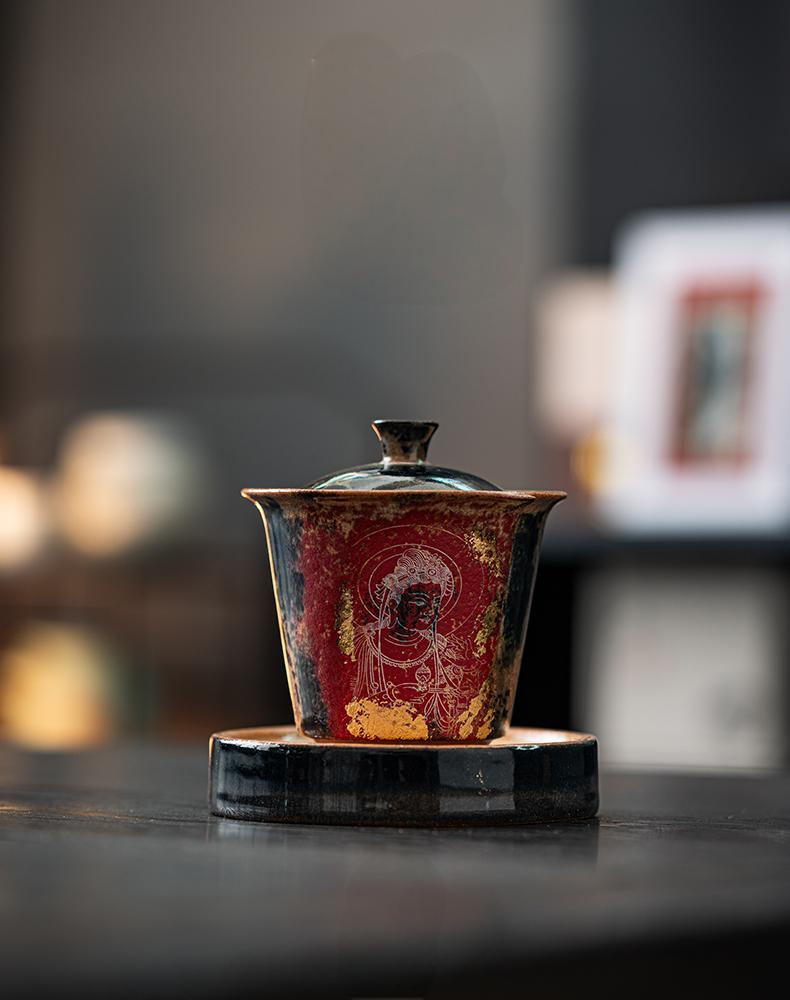 Red and Gold Buddha Gaiwan Dunhuang Ceramic Art