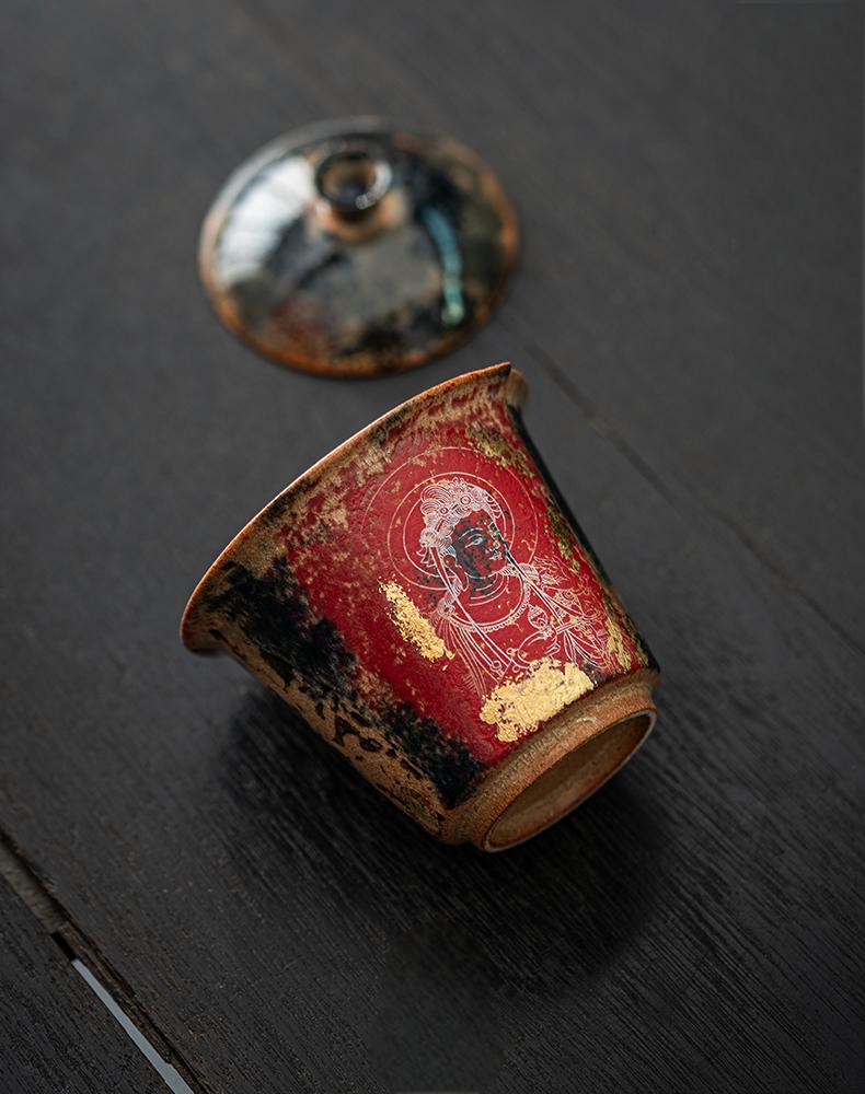 Red and Gold Buddha Gaiwan Dunhuang Ceramic Art
