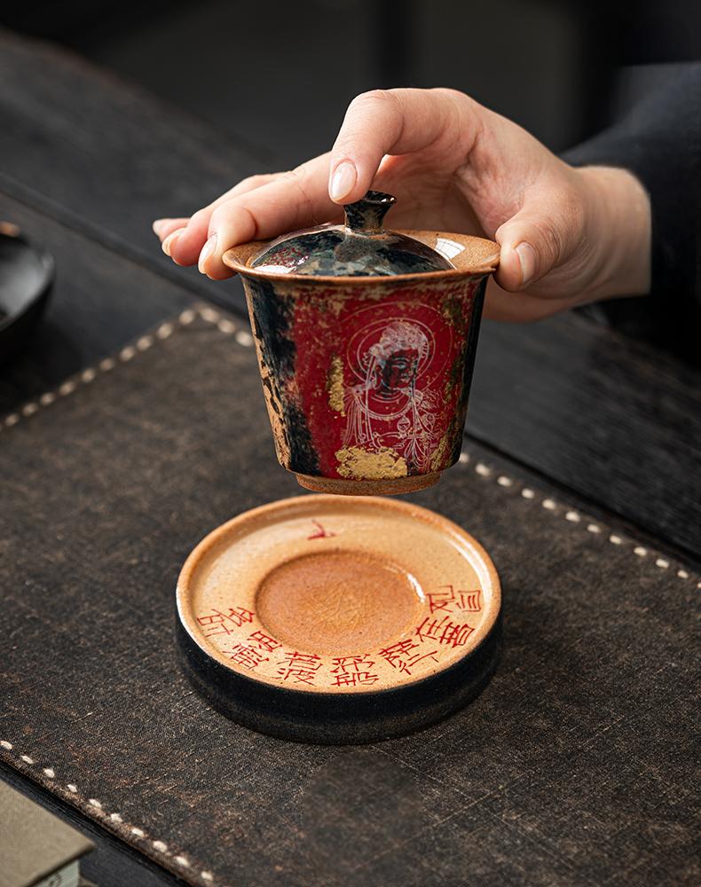 Red and Gold Buddha Gaiwan Dunhuang Ceramic Art