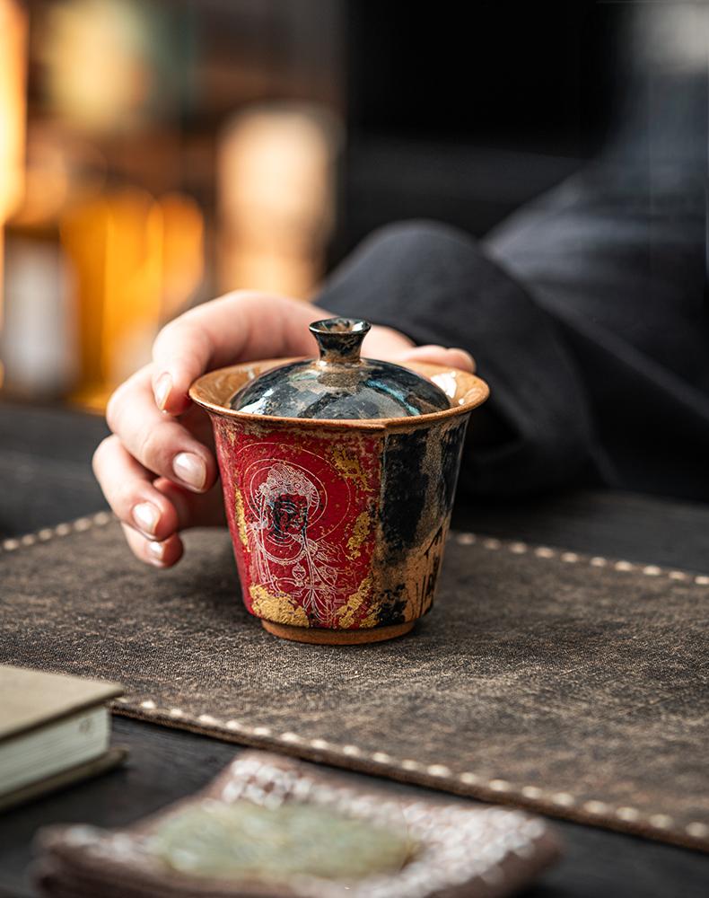 Red and Gold Buddha Gaiwan Dunhuang Ceramic Art