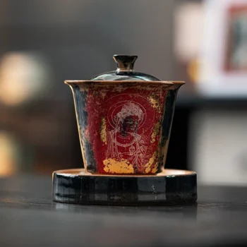 Red and Gold Buddha Gaiwan Dunhuang Ceramic Art