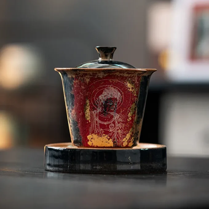 Red and Gold Buddha Gaiwan Dunhuang Ceramic Art